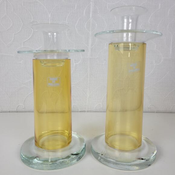 VINTAGE Mid Century Modern Candle Sticks Yellow & Clear Glass Holder Set of 2 - Picture 12 of 16